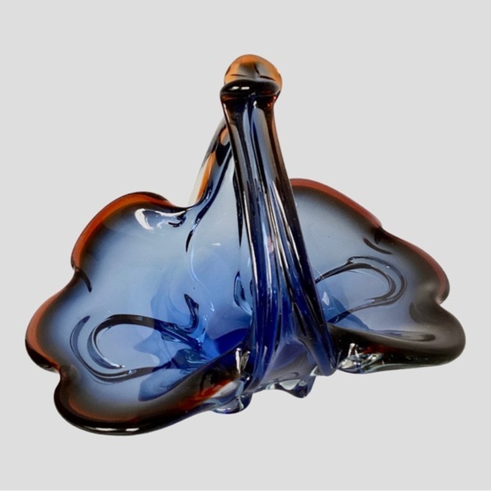 Royal Gallery Art Glass Basket Blue And Mulberry Purple Czech Republic Poland